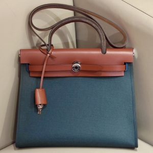 Replica Hermes herbag zip 31 bag in Brown/Blue Officier canvas and Leather