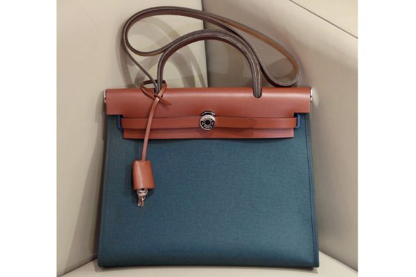 Replica Hermes herbag zip 31 bag in Brown/Blue Officier canvas and Leather