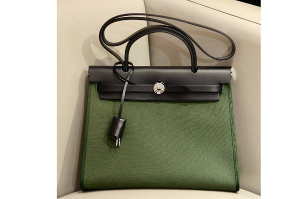 Replica Hermes herbag zip 31 bag in Black/Green Officier canvas and Leather