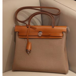 Replica Hermes herbag zip 31 bag in Brown/Grey Officier canvas and Leather