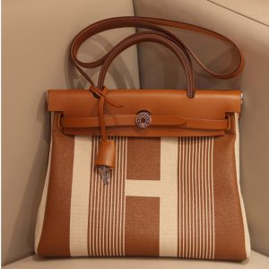 Replica Hermes herbag zip 31 bag in Brown/H Officier canvas and Leather