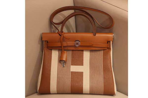 Replica Hermes herbag zip 31 bag in Brown/H Officier canvas and Leather