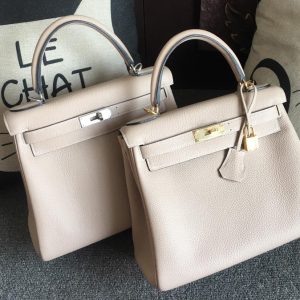 Replica Hermes Kelly 28cm Bag Full Handmade in Original Beige Togo Leather With Gold/Silver Buckle