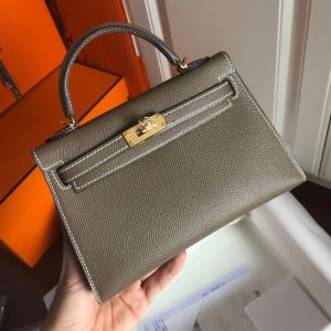 Replica Hermes Mini Kelly 19cm Bag Full Handmade in Elephant Gray Epsom Leather With Gold/Silver Buckle