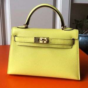 Replica Hermes Mini Kelly 19cm Bag Full Handmade in Lemon Epsom Leather With Gold/Silver Buckle