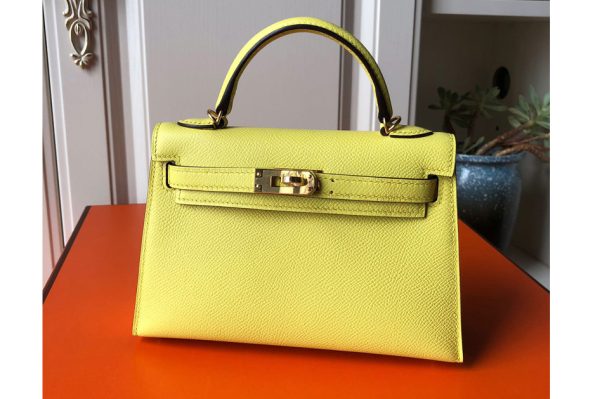 Replica Hermes Mini Kelly 19cm Bag Full Handmade in Lemon Epsom Leather With Gold/Silver Buckle