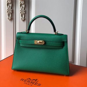 Replica Hermes Mini Kelly 19cm Bag Full Handmade in Green Epsom Leather With Gold/Silver Buckle