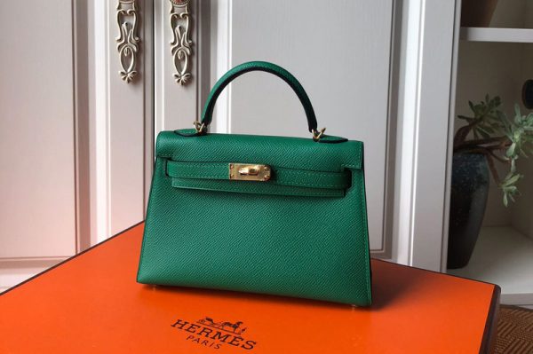 Replica Hermes Mini Kelly 19cm Bag Full Handmade in Green Epsom Leather With Gold/Silver Buckle