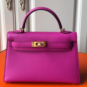 Replica Hermes Mini Kelly 19cm Bag Full Handmade in Raspberry Epsom Leather With Gold/Silver Buckle