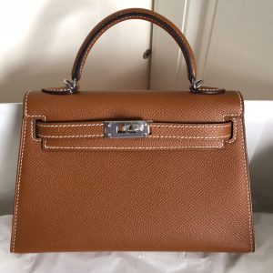 Replica Hermes Mini Kelly 19cm Bag Full Handmade in Brown Epsom Leather With Gold/Silver Buckle