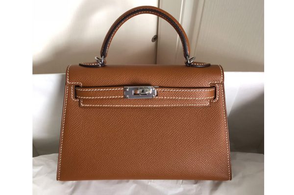 Replica Hermes Mini Kelly 19cm Bag Full Handmade in Brown Epsom Leather With Gold/Silver Buckle