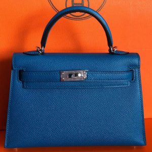 Replica Hermes Mini Kelly 19cm Bag Full Handmade in Blue Epsom Leather With Gold/Silver Buckle