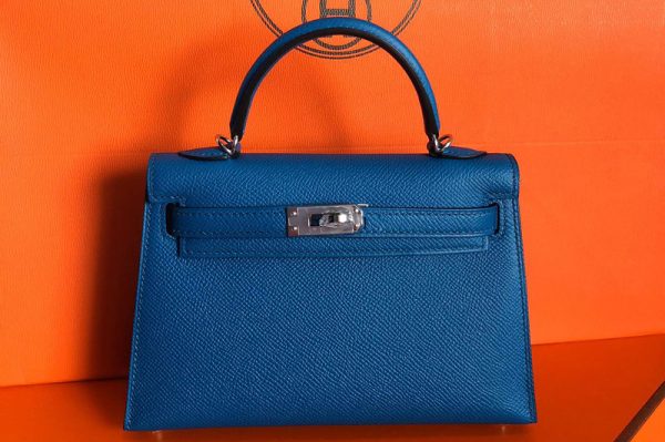 Replica Hermes Mini Kelly 19cm Bag Full Handmade in Blue Epsom Leather With Gold/Silver Buckle