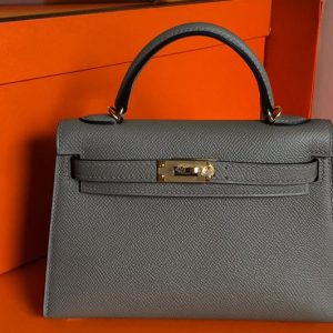 Replica Hermes Mini Kelly 19cm Bag Full Handmade in Dark Gray Epsom Leather With Gold/Silver Buckle