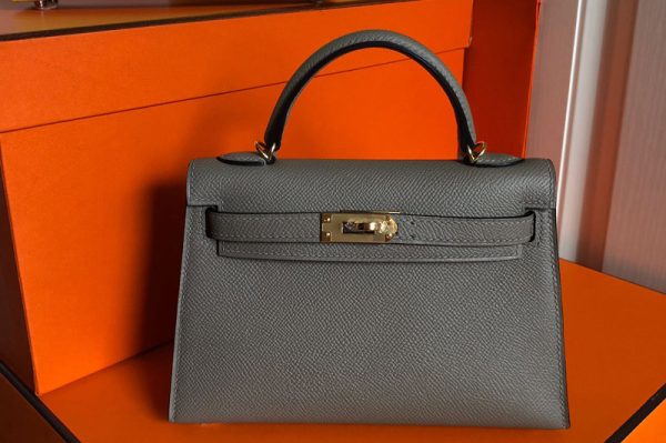 Replica Hermes Mini Kelly 19cm Bag Full Handmade in Dark Gray Epsom Leather With Gold/Silver Buckle