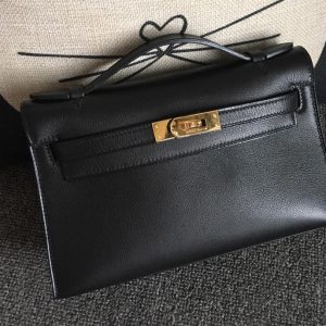 Replica Hermes Mini Kelly 22cm Pochette Bag Full Handmade in Black Swift Leather With Gold Buckle