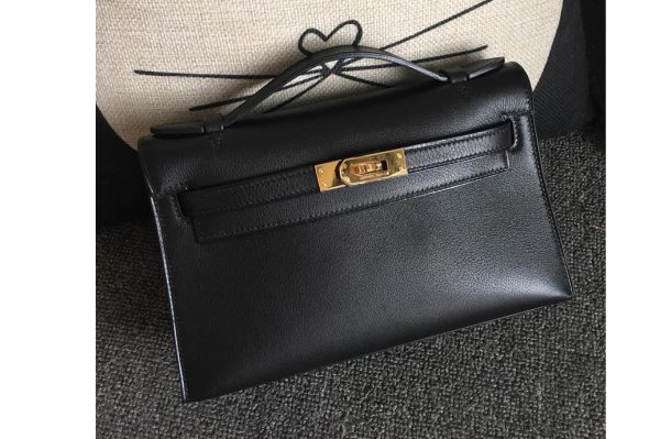 Replica Hermes Mini Kelly 22cm Pochette Bag Full Handmade in Black Swift Leather With Gold Buckle