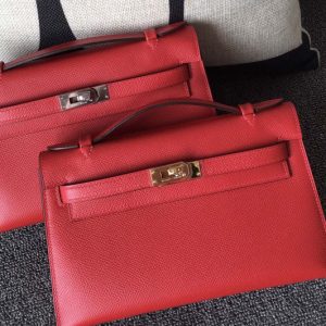 Replica Hermes Mini Kelly 22cm Pochette Bag Full Handmade in Red Epsom Leather With Gold/Silver Buckle