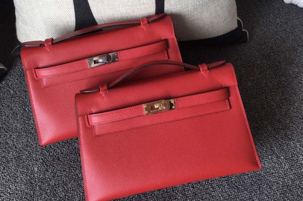 Replica Hermes Mini Kelly 22cm Pochette Bag Full Handmade in Red Epsom Leather With Gold/Silver Buckle