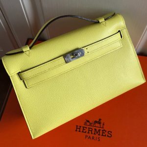 Replica Hermes Mini Kelly 22cm Pochette Bag Full Handmade in Lemon Epsom Leather With Silver Buckle