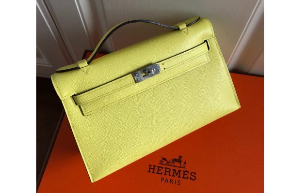 Replica Hermes Mini Kelly 22cm Pochette Bag Full Handmade in Lemon Epsom Leather With Silver Buckle