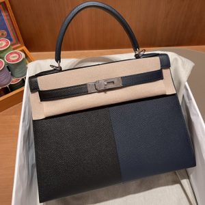 Replica Hermes Kelly 28 Bag in Black/Blue Epsom Leather