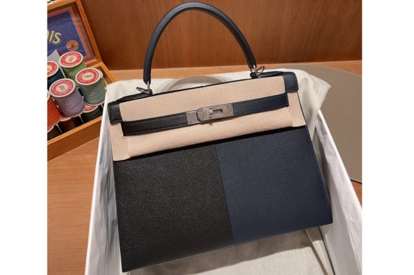 Replica Hermes Kelly 28 Bag in Black/Blue Epsom Leather