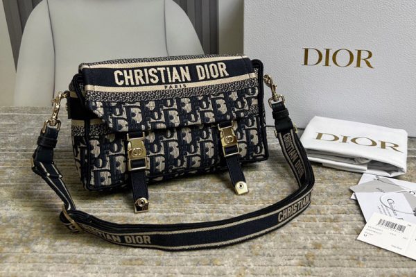 Replica Christian Dior M1241 Small Diorcamp Bag in Blue Dior Oblique Embroidery