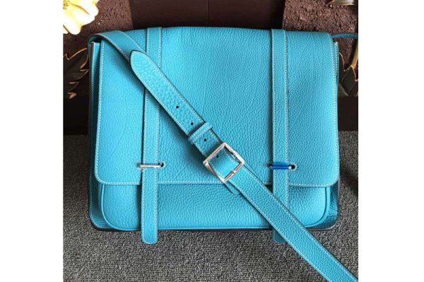 Replica Mens Hermes Steve 32cm Messenger Bags Oiriginal Light Blue Togo Leather