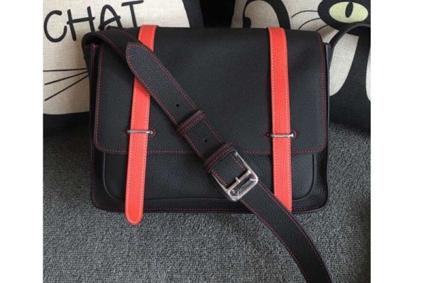 Replica Mens Hermes Steve 32cm Messenger Bags Oiriginal Black And Red Togo Leather