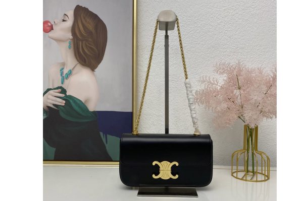 Replica Celine 197993 CHAIN SHOULDER BAG TRIOMPHE IN BLACK SHINY CALFSKIN