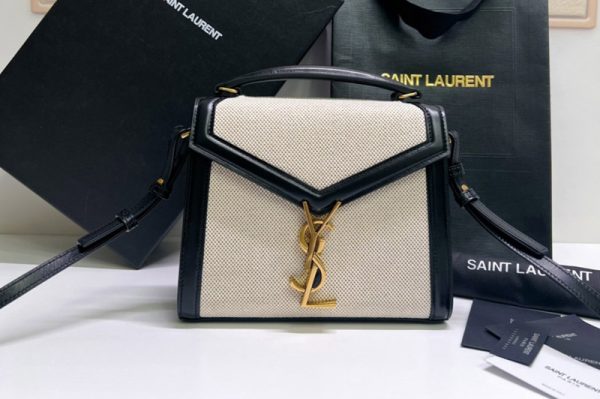 Replica Saint Laurent 623930 YSL CASSANDRA MINI TOP HANDLE BAG IN CANVAS AND Black SMOOTH LEATHER