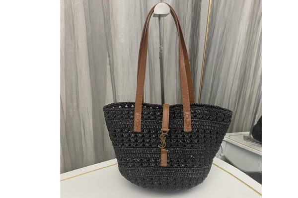 Replica Saint Laurent 685618 YSL PANIER SMALL BAG IN Black CROCHET RAFFIA AND SMOOTH LEATHER