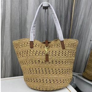 Replica Saint Laurent 688221 YSL PANIER Medium BAG IN Brown CROCHET RAFFIA AND SMOOTH LEATHER