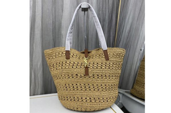 Replica Saint Laurent 688221 YSL PANIER Medium BAG IN Brown CROCHET RAFFIA AND SMOOTH LEATHER