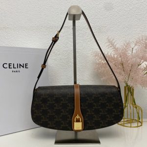 Replica Celine 10I592 CLUTCH ON STRAP TABOU bag IN Brown TRIOMPHE CANVAS AND Tan CALFSKIN