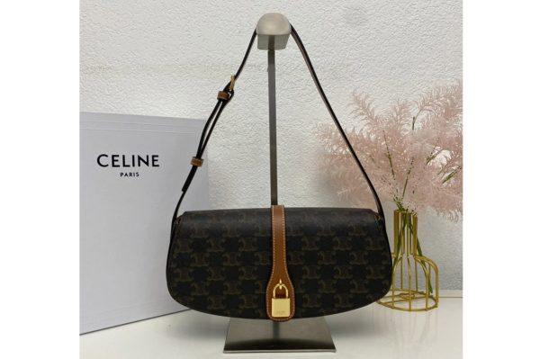 Replica Celine 10I592 CLUTCH ON STRAP TABOU bag IN Brown TRIOMPHE CANVAS AND Tan CALFSKIN