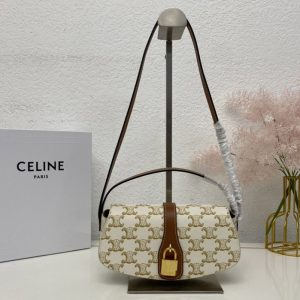 Replica Celine 10I592 CLUTCH ON STRAP TABOU bag IN White TRIOMPHE CANVAS AND Tan CALFSKIN