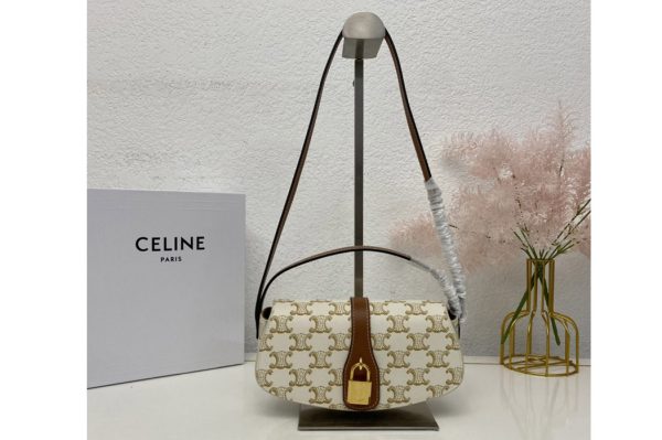 Replica Celine 10I592 CLUTCH ON STRAP TABOU bag IN White TRIOMPHE CANVAS AND Tan CALFSKIN