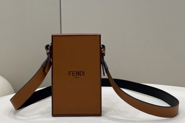 Replica Fendi 7VA519 Fendi Box Shoulder Bag in Brown Leather