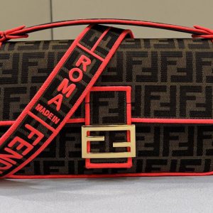 Replica Fendi 8BH600 medium Baguette bag in Brown fabric With Red