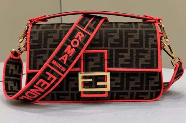 Replica Fendi 8BH600 medium Baguette bag in Brown fabric With Red