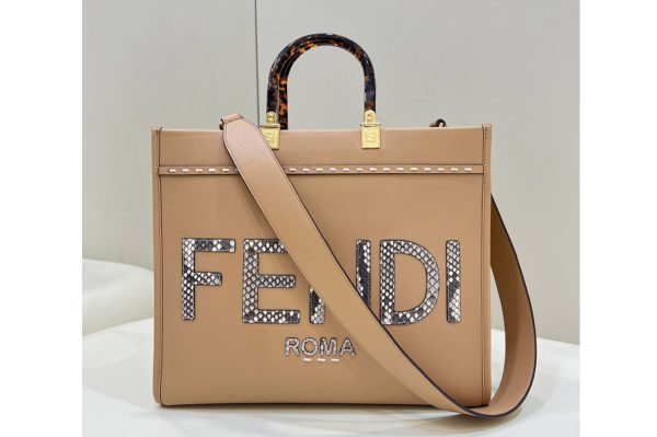 Replica Fendi 8BH386 Fendi Sunshine Medium shopper Bag in Light Brown leather and elaphe