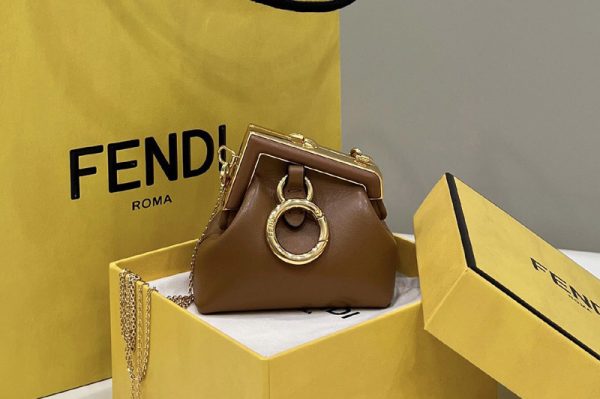 Replica Fendi 7AS051 Nano Fendi First Charm Bag,Brown nappa leather,Replica Fendi Bag,Fake Fendi Handbag,Luxury Fendi Purse,Women Bag,Ladies Bag