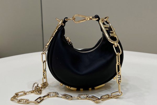 Replica Fendi 7AS089 Nano Fendigraphy Mini hobo bag in Black leather charm