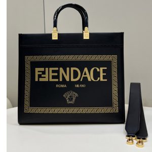 Replica Fendi & Versace 8BH386 Fendace Sunshine Medium shopper Tote Bag in Fendace Printed black leather Logo