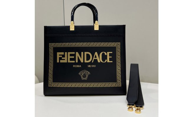 Replica Fendi & Versace 8BH386 Fendace Sunshine Medium shopper Tote Bag in Fendace Printed black leather Logo