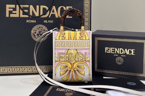 Replica Fendi & Versace 8BS051 Mini Sunshine Shopper Bag in Fendace Printed white leather