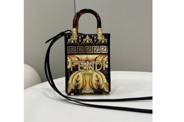 Replica Fendi & Versace 8BS051 Fendace Mini Sunshine Shopper Bag in Fendace Printed Black leather