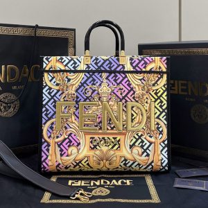 Replica Fendi & Versace 8BH372 Fendace Sunshine Large Shopper Bag in Fendace Printed Black leather